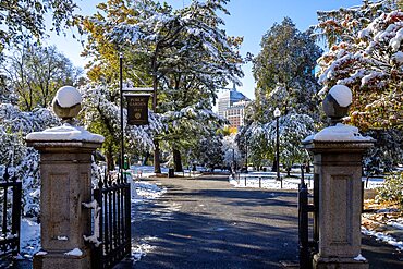 Entrance Boston's Public Garden in Early Autumn Snow