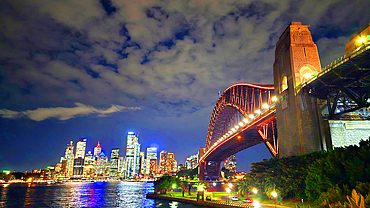 Sydney Harbour skyline at sunset, dusk, night