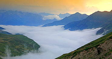 Panoramic views of the Pyrenees from Col Du Tourmalet 2115metres, France