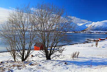 Rorbu and fjord near Sommaroy, Troms og Finnmark, north west Norway, Scandinavia, Europe