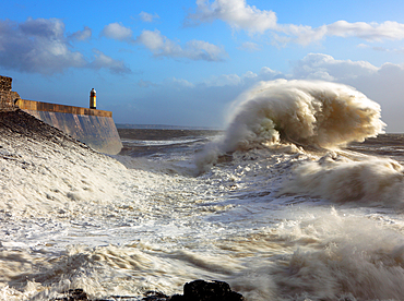 Storm waves over Porthcawl Pier, Porthcawl, South Wales, United Kingdom, Europe