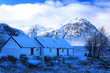 Black Rock Cottage in winter, Rannoch Moor, Highland, Scotland, United Kingdom, Europe