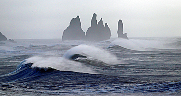 Surf near Black Sand beach and Reynisdrangar sea stacks, Vik, southern Iceland, Polar Regions