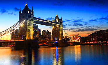 Tower Bridge at sunset (dusk), London, England, United Kingdom, Europe