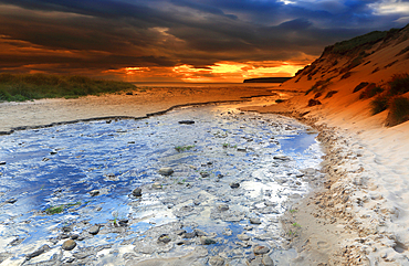 Dunnet Bay at sunset, near Thurso, Caithness, Highlands, Scotland, United Kingdom, Europe