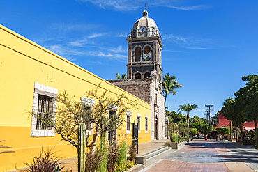 Loreto, Baja California Sur, Mexico. November 17, 2021. Bell tower of the historic Loreto Mission.