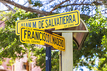 Loreto, Baja California Sur, Mexico. Street signs in the town of Loreto.