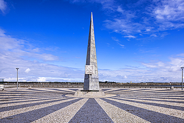 Europe, Portugal, Aveiro, Gafanha da Nazare. The Obelisk Sundial at Barra beach.