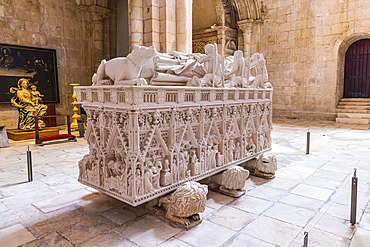 Europe, Portugal, Alcobaca. April 14, 2022. Tomb of King Pedro I in the Alcobaca Monastery, a UNESCO World Heritage Site.