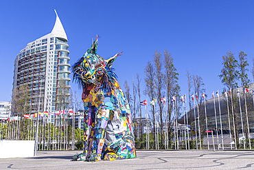 Europe, Portugal, Lisbon. April 20, 2022. Sculpture 'Iberian Lynx' created from trash and found objects, by Portugese artist Bordalo II, Arturo Bordalo.