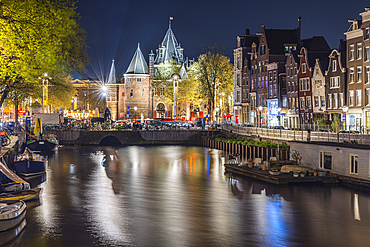 Europe, Netherlands, North Holland, Amsterdam. Lights and reflections at night in Amsterdam.