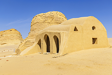 Wadi al Hitan, Faiyum, Egypt. February 20, 2022. A small building at Wadi el-Hitan paleontological site.