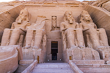 Abu Simbel, Aswan, Egypt. February 22, 2022. Massive statues at the entrance to the Great Temple of Ramesses II.