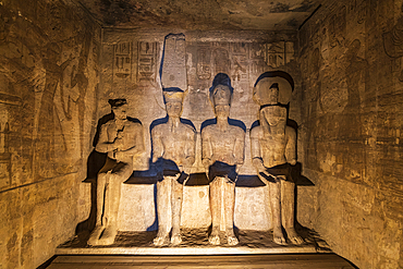 Abu Simbel, Aswan, Egypt. February 22, 2022. Statues depicting Ptah, Amun, Ramesses II, and Ra in the Holiest of Holies sanctuary in the Great Temple of Ramesses II.