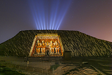 Abu Simbel, Aswan, Egypt. February 22, 2022. Night time light show projected onto the Great Temple of Ramesses II.