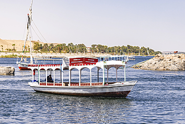 Nile River, Luxor, Egypt. February 24, 2022. A tour boat on the Nile River at Luxor.