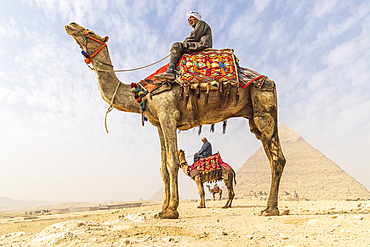 Giza, Cairo, Egypt. February 18, 2022. Men on camels at the Great Pyramid complex in Giza.