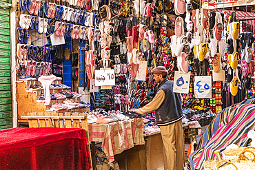 Thebes, Luxor, Egypt. February 24, 2022. Shoes on display at a market in Luxor.