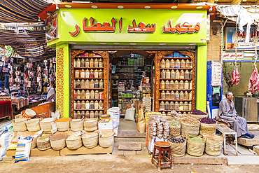 Thebes, Luxor, Egypt. February 24, 2022. A small market selling dried herbs and spices.