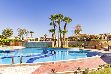 Abu Simbel, Aswan, Egypt. February 23, 2022. The swimming pool at a hotel conference center in Abu Simbel.