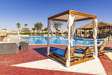 Abu Simbel, Aswan, Egypt. February 23, 2022. The swimming pool at a hotel conference center in Abu Simbel.