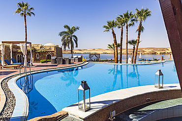 Abu Simbel, Aswan, Egypt. February 23, 2022. The swimming pool at a hotel conference center in Abu Simbel.