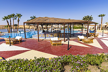 Abu Simbel, Aswan, Egypt. February 23, 2022. The swimming pool at a hotel conference center in Abu Simbel.