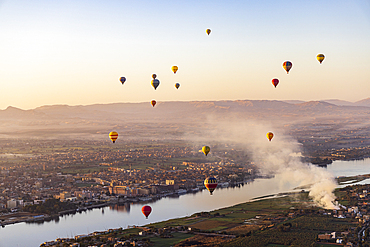 Luxor, Egypt. February 26, 2022. Hot air balloons taking tourist for a ride at Luxor.