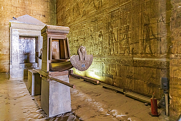 Edfu, Aswan, Egypt. February 25, 2022. Sacred boat in the Temple of Horus at Edfu.