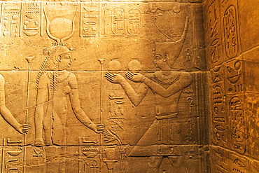 Agilkia Island, Aswan, Egypt. February 24, 2022. Carved mural at the Philae Temple, a UNESCO World Heritage Site.