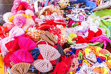 Thebes, Luxor, Egypt. February 24, 2022. Colorful hair bows for sale in Luxor.