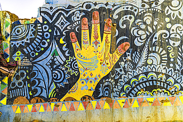 Luxor, Egypt. February 23, 2022. Mural of a hennaed hand in Luxor.