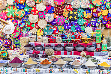 Luxor, Egypt. February 23, 2022. Baskets and spices for sale at a market in Luxor.