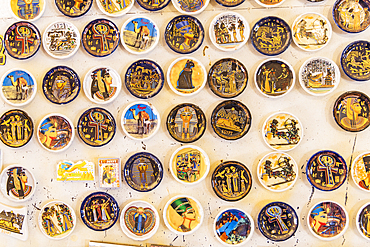 Abu Simbel, Aswan, Egypt. February 23, 2022. Ceramic plate souvenirs at a tourist shop in Abu Simbel.