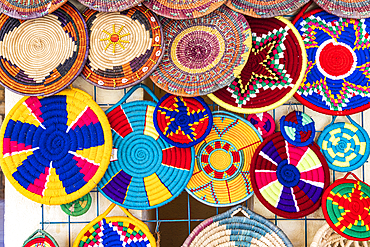 Abu Simbel, Aswan, Egypt. February 23, 2022. Colorful basket souvenirs at a tourist shop in Abu Simbel.