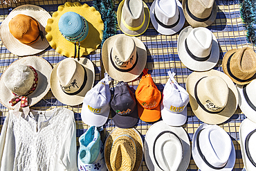 Valley of the Kings, Luxor, Egypt. February 26, 2022. Hats and clothes for sale at a tourist shop at the Valley of the Kings at Luxor.