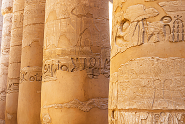 Karnak, Luxor, Egypt. Columns of the Great Hypostyle Hall at the Karnak Temple complex in Luxor.