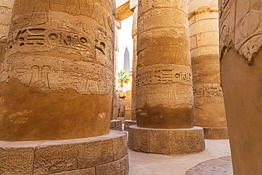 Karnak, Luxor, Egypt. Obelisk of Queen Hatshepsut through columns of the Great Hypostyle Hall at the Karnak Temple complex in Luxor.