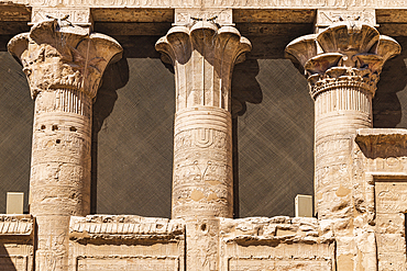 Edfu, Aswan, Egypt. Decorated columns in the Temple of Horus at Edfu.