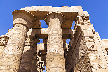 Kom Ombo, Aswan, Egypt. Carved columns at the Kom Ombo temple.