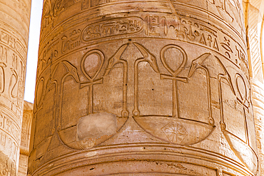 Kom Ombo, Aswan, Egypt. Hieroglyphics carved onto a column at the Kom Ombo temple.