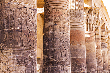 Agilkia Island, Aswan, Egypt. Carvings on columns at the Philae Temple, a UNESCO World Heritage Site.