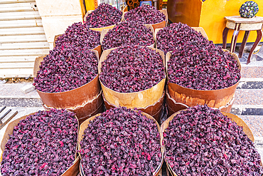 Thebes, Luxor, Egypt. Dried hibiscus flowers for sale at a market in Luxor.