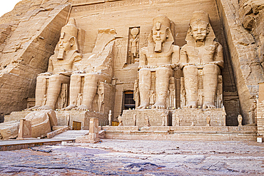 Abu Simbel, Aswan, Egypt. Massive statues at the entrance to the Great Temple of Ramesses II.