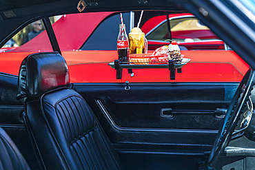 Marble Falls, Texas, USA. April 10, 2021. Automobile with a Drive-in food tray at a car show.