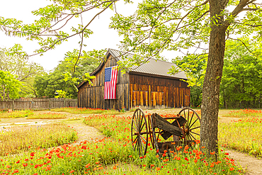 Castroville, Texas, USA. April 12, 2021. Large American flag on a barn in the Texas hill country.