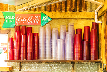 Utopia, Texas, USA. April 14, 2021. Plastic cups a cafe in the Texas hill country.