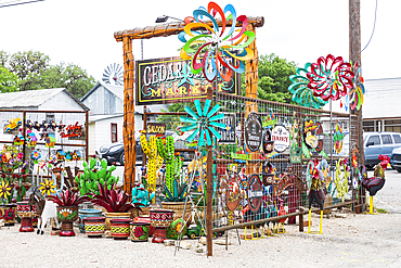 Bandera, Texas, USA. April 14, 2021. Outdoor display of lawn ornaments in Texas.