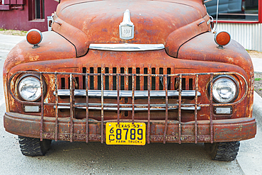 Blanco, Texas, USA. April 14, 2021. The grill of a rusted vintage pickup truck in Texas.