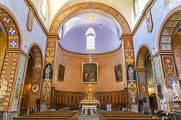 Gordes, Vaucluse, Provence-Alpes-Cote d'Azur, France. July 7, 2022. Interior of the Eglise Saint Firmin church in Gordes.